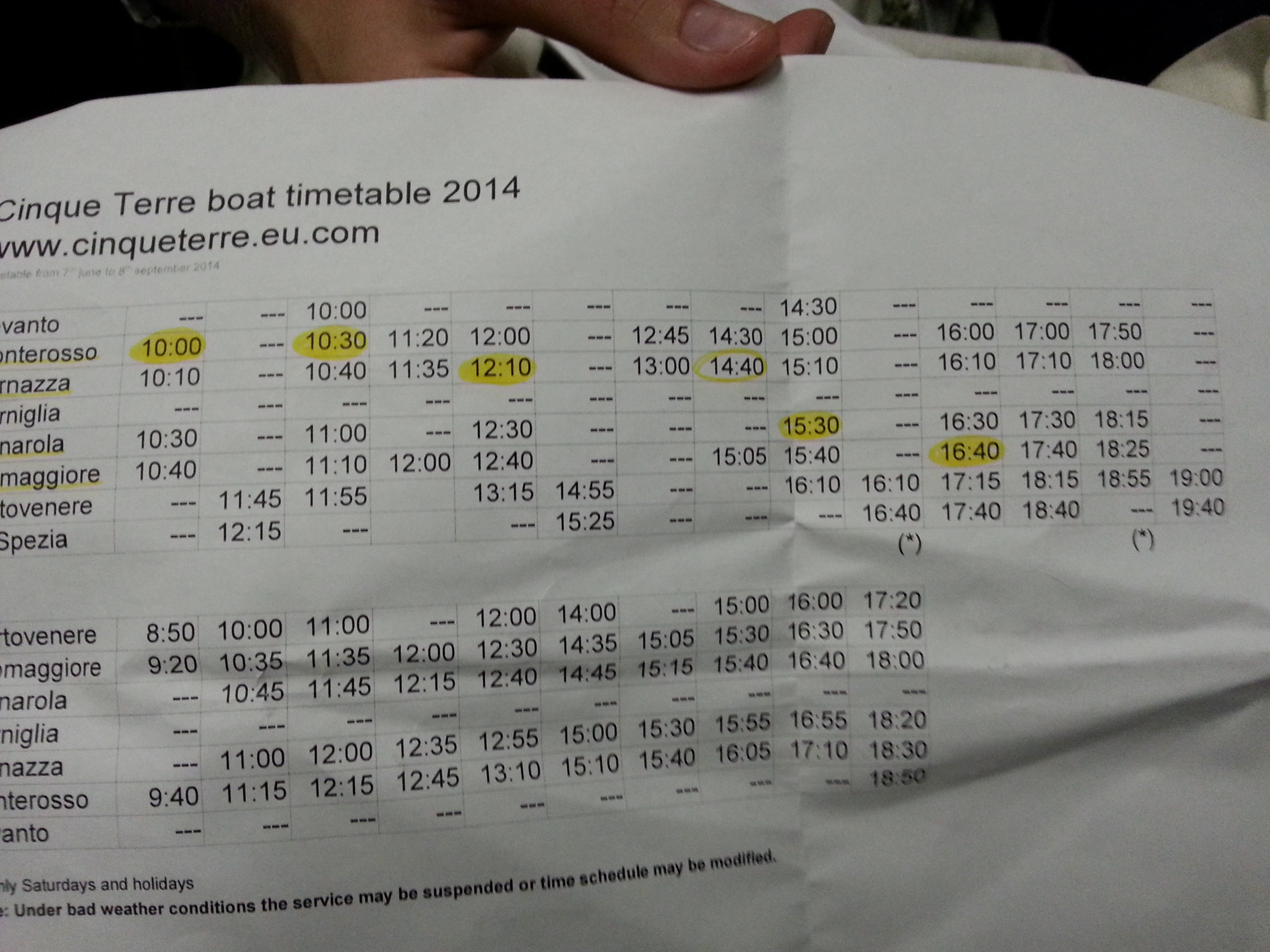 Our trusty boat timetable